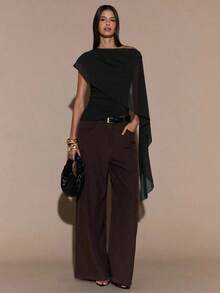 Blusa de punto con cuello anudado y hombro asimétrico, suéter elegante y ajustado, otoño/invierno - Negro - Ver 4
