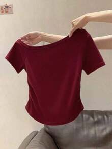Camiseta casual de mujer con cuello asimétrico y decoración de cuentas, para verano - Rojo - Ver 2