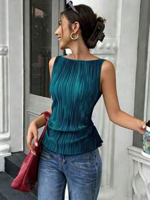 Blusa elegante de tela con pliegues, sin mangas y con cuello ancho, con cinturón en la cintura, para mujer, para primavera/verano - Agua verde azul - Ver 3