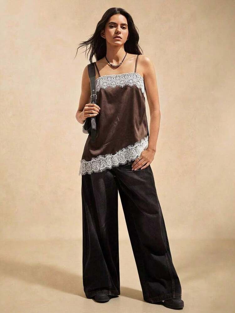 Top de tirantes negro minimalista de unicolor para mujer - Marrón Chocolate - Añade 4