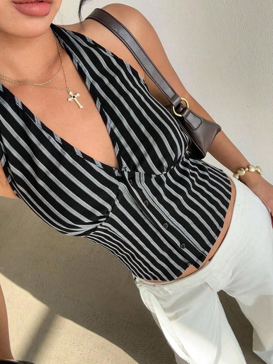 delgado de mujer de algodón con rayas, cuello alto y abotonadura sencilla, para otoño/invierno - Negro 2 - Ver 1