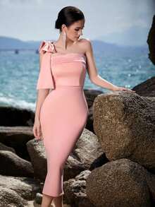 Vestido de cóctel ADYCE de un hombro, unicolor, con lazo decorativo, escote strapless, abertura en la espalda y hasta la rodilla, blanco, elegante y semiformal para bodas, cumpleaños, graduación, cena o eventos - Rosa - Ver 12