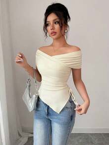 Camiseta de manga corta casual y sin hombros para mujer, de verano - Albaricoque 2 - Ver 7