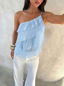 blusa elegante y romántica de primavera/verano para citas, Día de San Valentín, temporada de bodas, de gasa rosa con un hombro, espalda descubierta y volantes en capas, blusa sexy con volantes para la playa, camisa rosa elegante y romántica p - Celeste - Ver 4