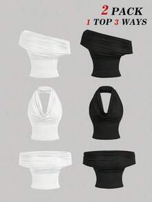 Set de 2 blusas casuales de unicolor de ajuste ceñido que se pueden usar de 3 maneras diferentes para mujeres - Blanco y Negro 2 - Ver 10