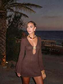 Vestido de manga larga de punto para mujer, estilo de vacaciones en la playa - Café rojo - Ver 5