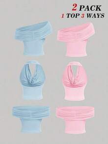 Set de 2 blusas casuales de unicolor de ajuste ceñido que se pueden usar de 3 maneras para mujeres - Celeste - Ver 2