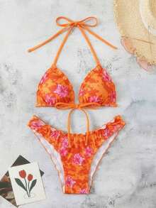 Conjunto de bikini de dos piezas con estampado de lunares, camiseta con lazo sexy y traje de baño para vacaciones en la playa para mujer - Naranja - Ver 7