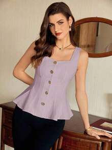 Blusa de mujer vintage, elegante y clásica, con cierre de botones metálicos con forma de flor, blusa sin mangas blanca, para primavera/verano - Púrpura malva - Ver 6