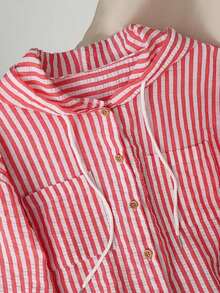 Camisa con capucha holgada con cordón de rayas azules y blancas para mujer, nueva para primavera/otoño - Rojo - Ver 3