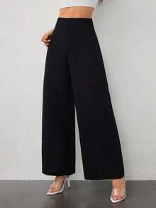 PETITE Pantalones de pierna ancha de textura de cintura alta, de estilo casual y sencillo, apropiados para ir a la escuela o para ir y venir al trabajo - Negro 2 - Ver 5