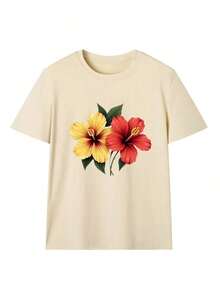 Camiseta casual de manga corta para mujer con estampado, diseño holgado de algodón puro, transpirable y absorbente de sudor, adecuada para un look diario casual, para ir al trabajo y para vestir en la calle. - Beis - Ver 3