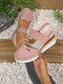 Mila Footwear Women's Extra Large Size Wedge Thick Bottom Closed Toe Pink Rope Sole Beach Holiday Style Sandals, Summer New Colorblock Elastic Strap Roman Sandals - Pink - View 3