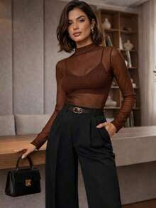 Women's Bodysuit With Transparent Tulle, Long Sleeves, High Neck, Elegant, Fashion Blogger Style - Rỉ Nâu - Xem 1