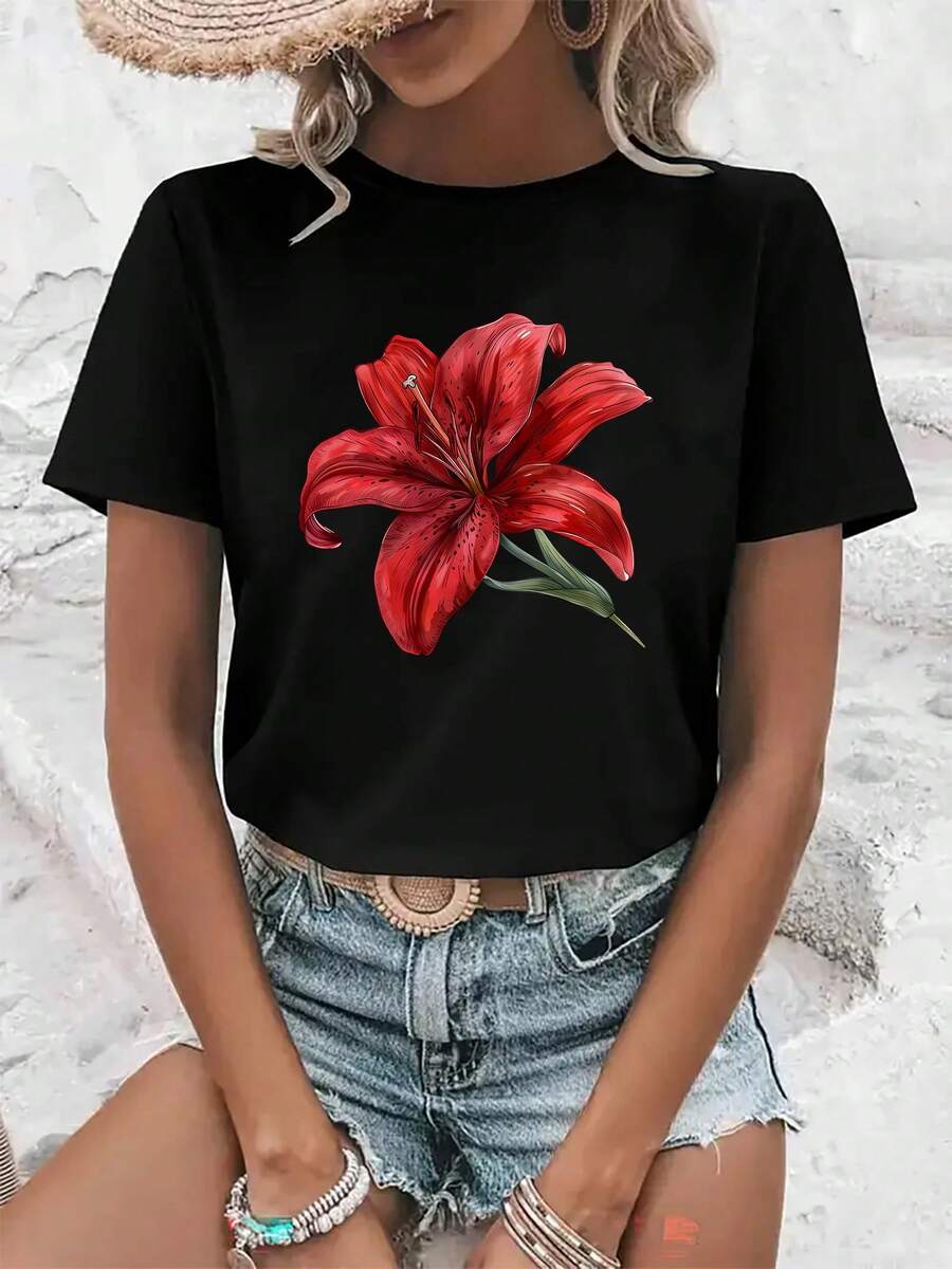Camiseta Casual de Manga Corta para Mujer 2026 - Diseño estampado, cuello redondo holgado, tela transpirable de elasticidad media, lavable a máquina, top versátil para todas las estaciones, adecuada para uso diario, estampados divertidos, material cómodo, camiseta de estilo moderno. - Negro - Ver 1