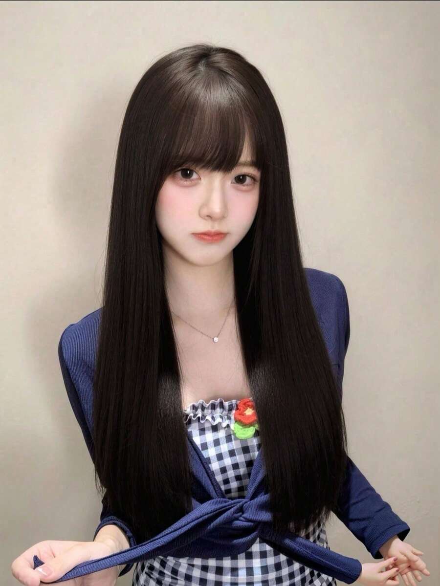 26 Inch Black Straight Layered Bangs Wig, Heat Resistant Synthetic Hair, Natural Daily Use - Black - View 1