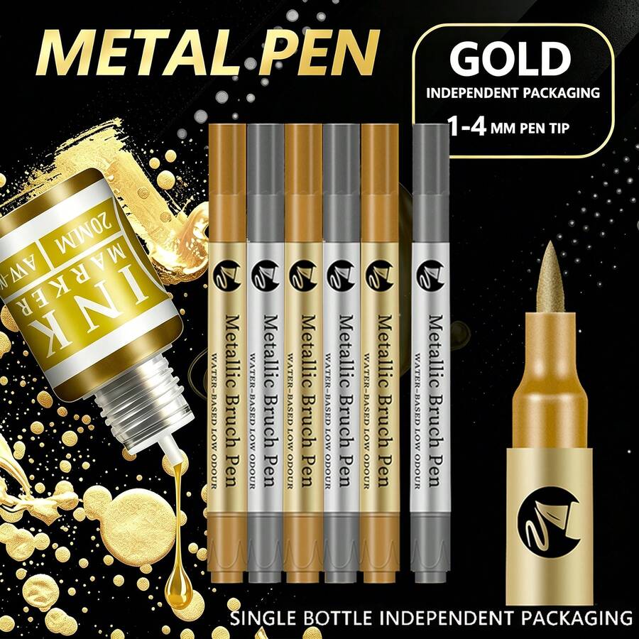 2-6 Buah/Set Spidol Metalik Emas Perak Tahan Air, Spidol Cat dan Tinta untuk Batu, Keramik, Kaca, Kayu, DIY, Seni Grafiti, Lukisan - Set - View 1