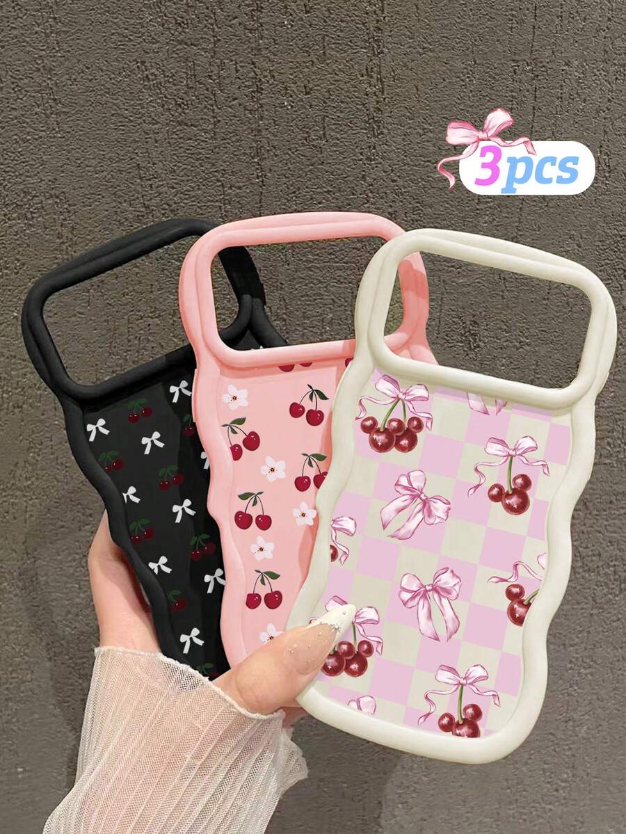 Bộ 3 ốp lưng điện thoại kiểu Coquette màu hồng trắng kẻ caro, in hoa anh đào và nơ, viền lượn sóng, làm bằng chất liệu TPU mềm, chống sốc, tương thích với iPhone 15/14/13/12/17 Pro Max & Galaxy S25 Ultra, thiết kế dễ thương nữ tính, phù hợp sử dụng hàng ngày hoặc làm quà tặng, dịp Lễ Tình nhân/Ngày của Mẹ/Sinh nhật/Bạn thân - Nhiều màu - Xem 1