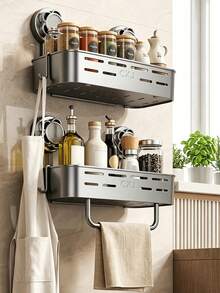 Estantería de almacenamiento de baño de 2 niveles resistente a la oxidación, organizador montado en la pared con ventosa, portarrollos de papel higiénico multifuncional con ventosa, sin necesidad de perforar para el baño, la cocina, la caravana - multicolor - Ver 8