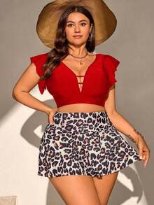 Swim Lushoire Conjunto de 2 piezas de traje de baño tankini elegante y favorecedora para mujer de talla grande con top con ribete de volantes y falda pantalón con estampado tropical, para vacaciones de verano en la playa - Burdeos 2 - Ver 7