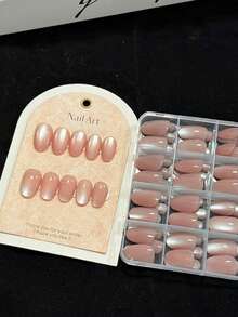144片/盒 中號方形貓眼亮片裸粉色貓眼穿戴式美甲貼片 夏季女性美甲貼紙 - 淺粉色 - 查看 6