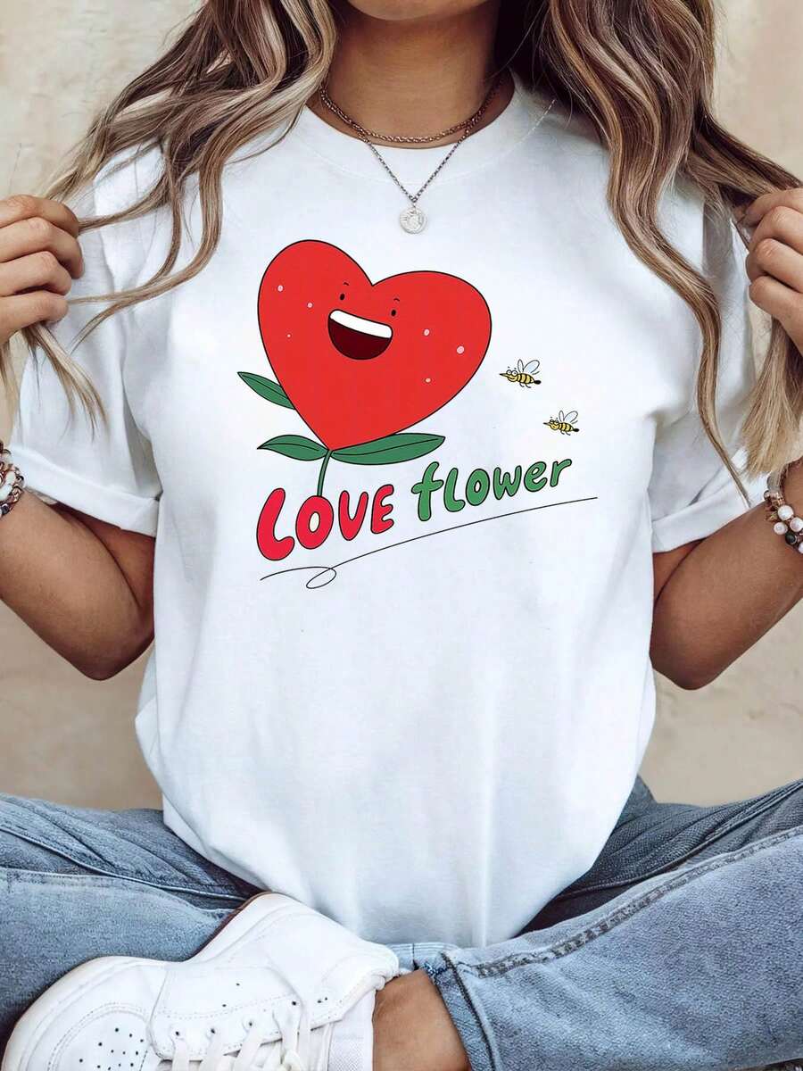 Women's Casual Short-Sleeved Crew Neck T-Shirt With A Love Heart, Flower And Bee Theme Print, Perfect For Everyday Wear, Outings And As A Gift For Holidays Like Valentine's Day - 白色 - 查看 1