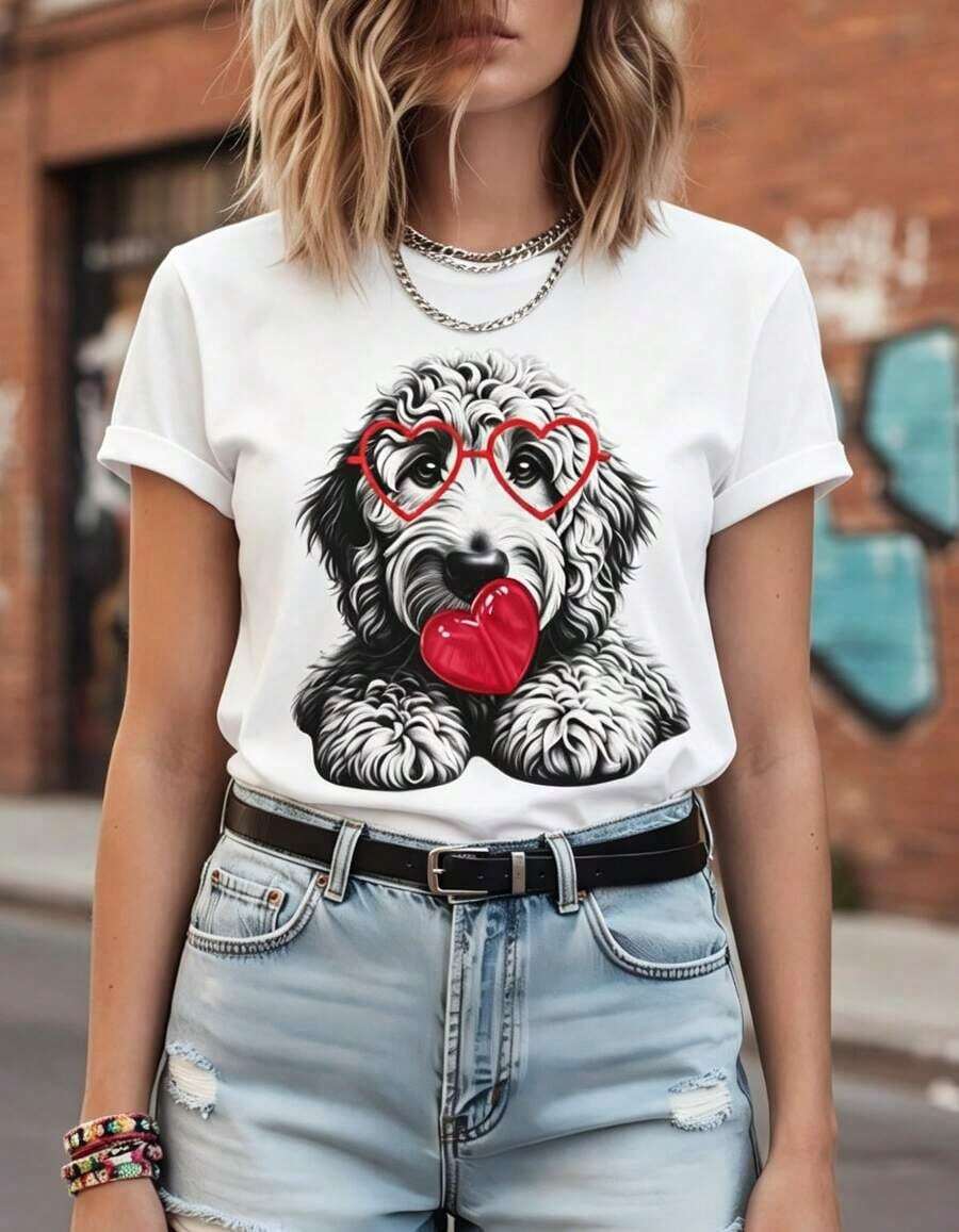 Women's Cute Goldendoodle Vaine Tops, Doodle Mom Gift, Dog Vaines, Labradoodle, Dog With Heart Gles, Heart Lollipop. High-Quality 180g Pure Cotton T-Shirt - Easy To Match, Perfect For Work, Weekend Getaways, And Gatherings; A Perfect Gift For Family. Summer Tops. - 白色 - 查看 1