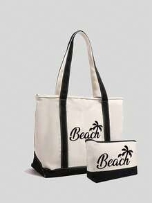 1pc Women's Canvas Shoulder Bag With "Beach" And Coconut Tree Print, Spring/Summer Style, Large Capacity, Suitable For School, Work Or Casual Use, Includes Cosmetic Bag And Pink Hair Clip, Suitable For White-Collar Women And Students, Multi-Compartment Design, Suitable For Beach, School, Work And Daily Use - Multicolor - View 14
