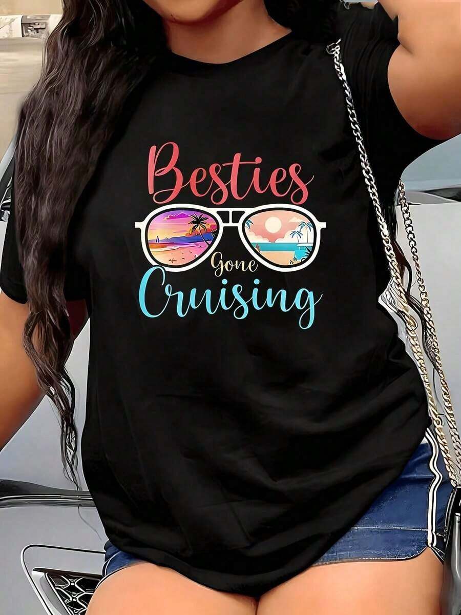 1 pieza Camiseta de Mujer Talla Grande con Estampado Gráfico "Besties Gone Cruising", Divertida, de Manga Corta, Novedosa, 100% Algodón 220g, Cuello Redondo Casual, 180g Algodón 100%. - Negro - Ver 1