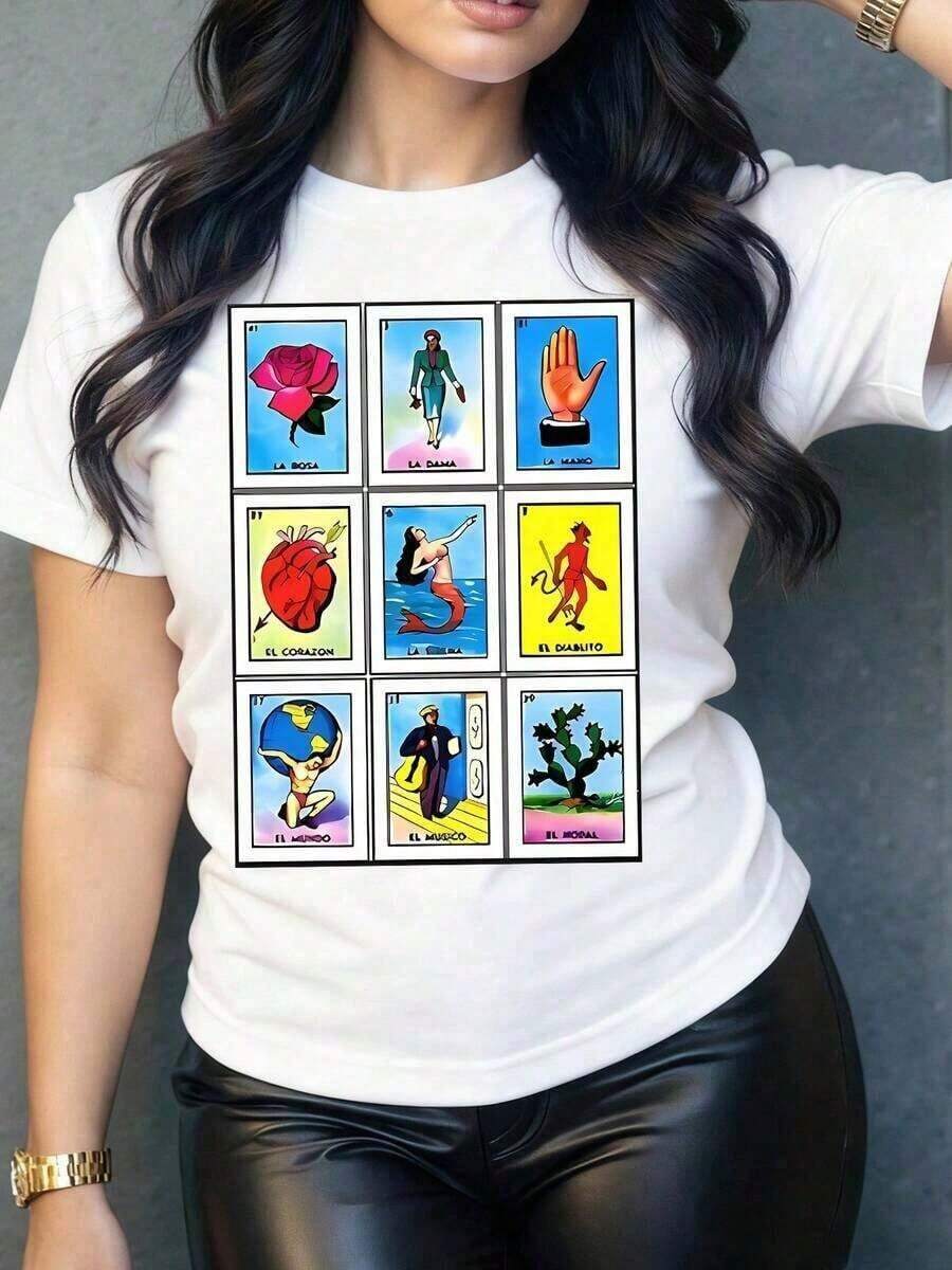 Camiseta de Mujer con Estampados de la Lotería Mexicana, diseño original y divertido, ideal para un look casual y lleno de color