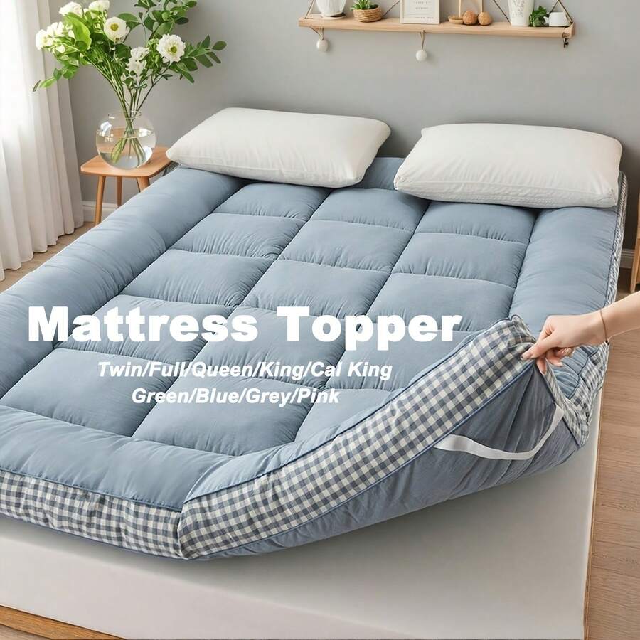 [1pcs 900gsm King Mattress Topper] Thin Mattress Pad With Checkered Print On The Side, Featuring Straps At The Corners Fit Over The Mattress, Foldable, Soft & Warm Mattress Protector | Low Allergenic & Breathable | Bedroom, Dormitory & Tatami - Blue - View 1