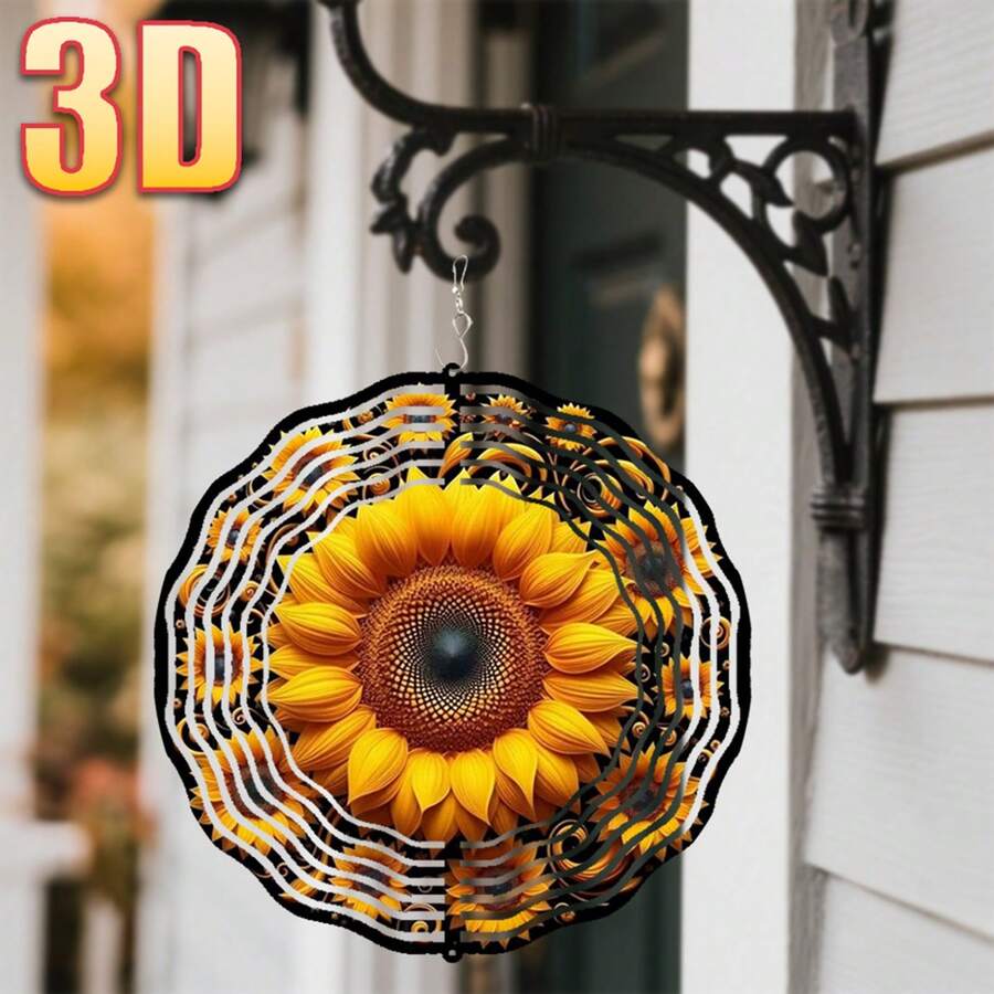 1pc Sunflower Blooming Warm Light Metal Double-Sided 360° Rotating Wind Chime, 10in*10in With Swivel Hook, Outdoor Yard Decor (Pendant Not Included), Random Style