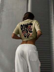 Camiseta casual unisex de estilo urbano con gráfico en inglés "Never Give Up", adecuada para primavera, verano y todas las estaciones, color blanco - Caqui - Ver 6