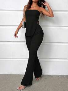 Conjunto de top bandeau y falda larga con abertura alta en color verde sólido para mujer - Negro - Ver 10