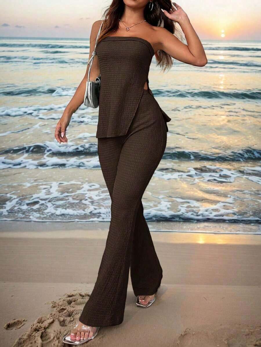 Conjunto de top bandeau y falda larga con abertura alta en color verde sólido para mujer - Café integral - Ver 1