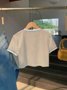 Camiseta corta de manga corta con cuello redondo y estampado de letras casual para mujer, de verano - Multicolor 3 - Ver 2