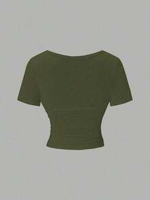 Camiseta de mujer de verano de unicolor, con escote en V superpuesto, manga corta, ajustada, versátil para vacaciones y tiempo libre - Verde militar - Ver 2