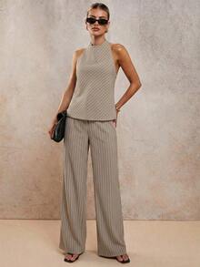 Conjunto de dos piezas elegante de rayas para vacaciones de mujer, primavera/verano - Caqui 2 - Ver 4