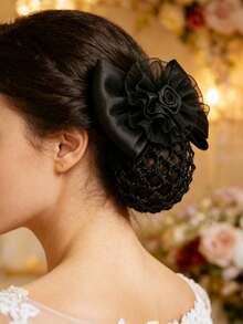 1pc Bow Net Hair Clip, Daily Wear & Professional Work Hair Accessory - Black - View 2