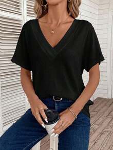 Camiseta de manga corta de uso diario versátil y casual con cuello en V para mujer - Negro - Ver 4