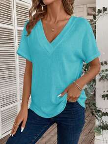 Camiseta de manga corta de uso diario versátil y casual con cuello en V para mujer - verde menta - Ver 3
