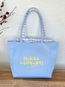 Bolso de mano estilo coreano con estampado de letras, versátil para uso diario, bolso de hombro de gran capacidad y doble cara para ir al trabajo para mujeres - Azul - Ver 9