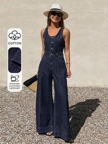 Mono vaquero de pierna recta holgado con tirantes ajustables y sin mangas para mujer, para el verano - Azul lavado oscuro - Ver 1