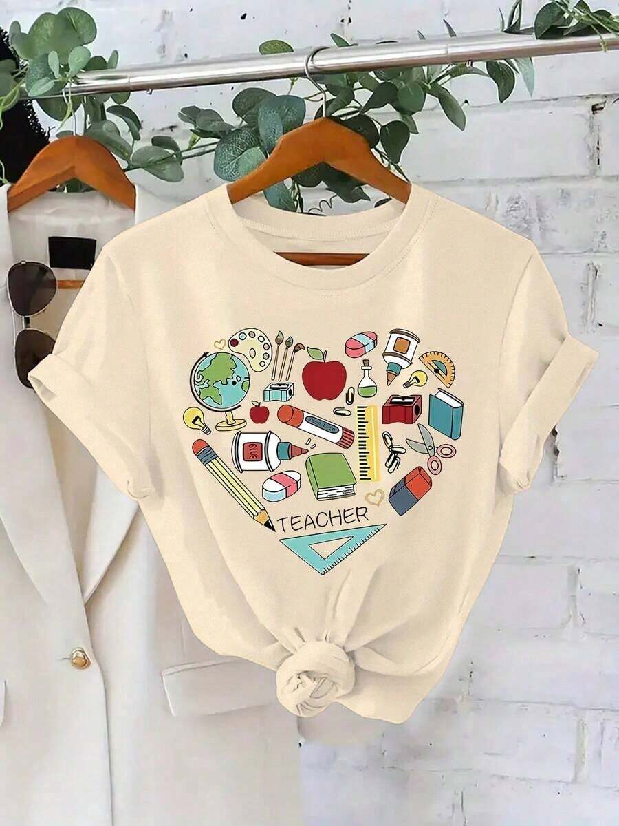 Soft 100% Cotton T-Shirt. Women's Summer T-Shirt With Modern Prints, Casual T-Shirt, 180 Grams. Breathable Cotton Tee, All-Around Cool. - 杏色 - 查看 1