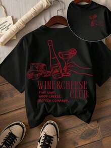 Summer Bestsellers: Women's T-Shirts With Cherry Print And Slogan, Round Neck, Urban Vintage Style, Unisex, Cotton, Short Sleeve, Round Neck, Blouses For Women. Casual Blouses For Ladies. - 黑色 - 查看 1