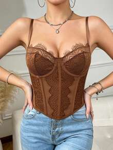 RAHQ Brown Eyelash Lace Corset Crop Top – Versatile Layering Piece For Street Style & Daily Wear - Brown - View 5
