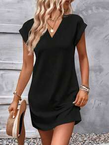 Women's Summer Solid V-Neck Batwing Short Sleeve Casual Dress - Nhiều màu 2 - Xem 8