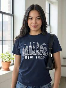 Women's T-Shirts With New York And Paris Print, Classic Short Sleeve Cut, Soft And Lightweight Fabric, Casual Urban Style, Comfortable And Versatile For Daily Looks And Modern Outfits. - 藍色 - 查看 2