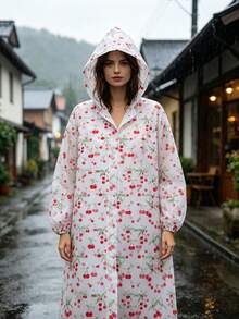 1件櫻桃印花連帽雨衣，防水EVA長款全身雨披，女款便攜防風輕量雨具，可重複使用白色雨衣，適合戶外旅行、騎單車、徒步、通勤、主題樂園及日常出遊 - 彩色 - 查看 8