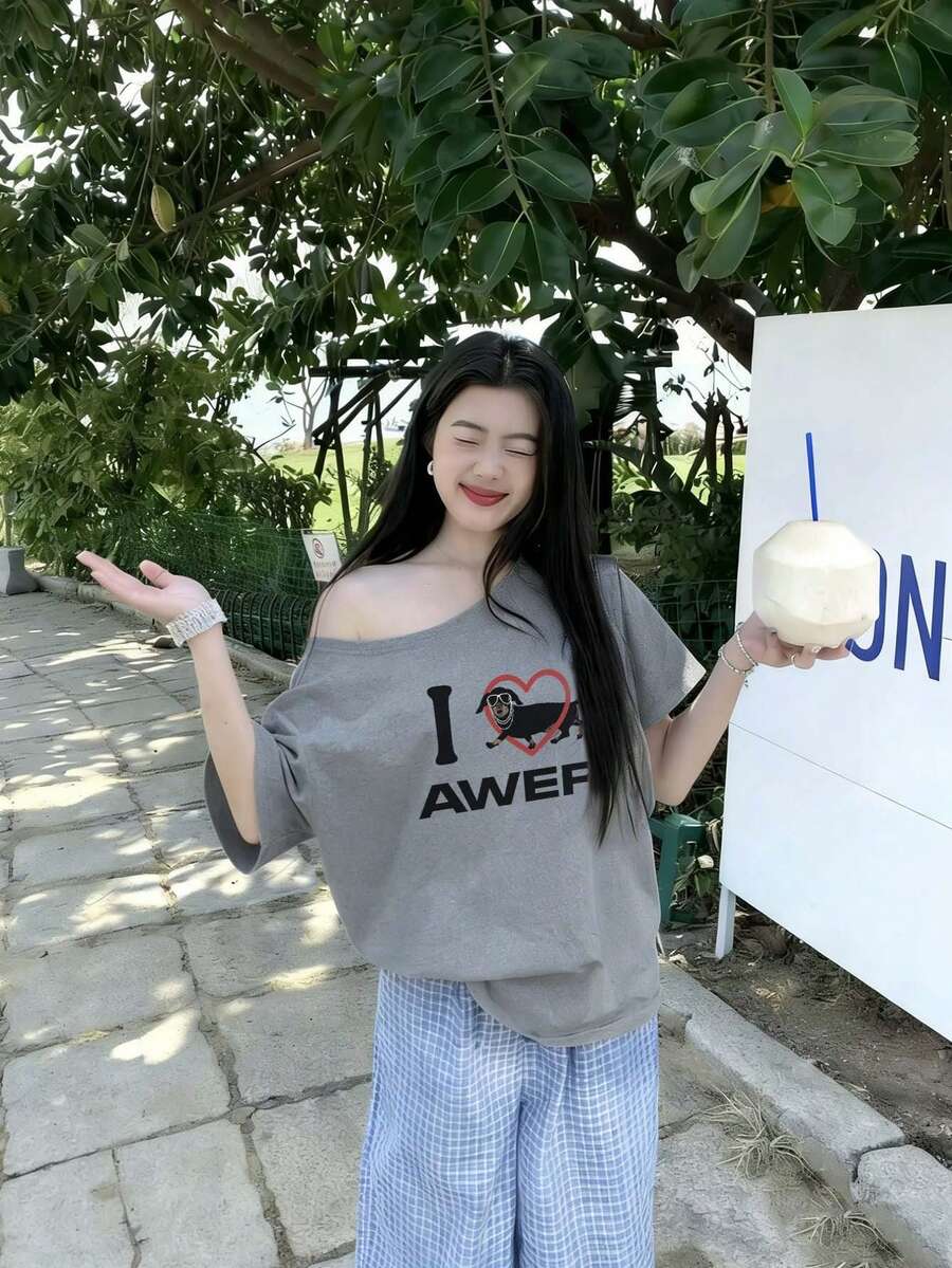 女士简约纯灰色休闲不对称肩部浪漫海滩街头度假Y2K时尚T恤 夏季 - 灰色 - 查看 1